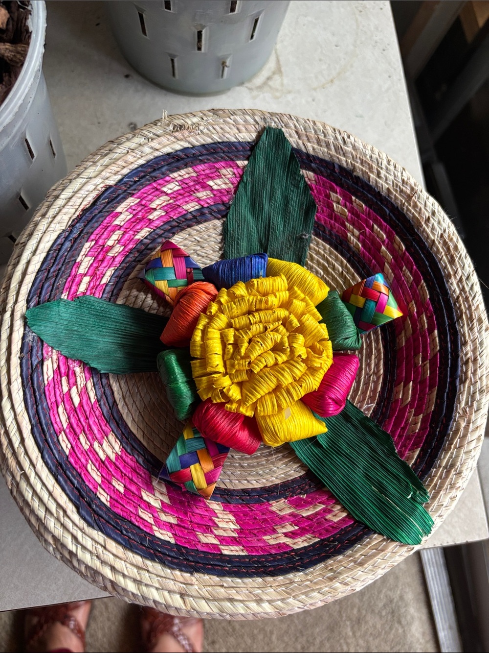 Handwoven Palm Tortillero Decorative Storage Basket with Green Floral Accent